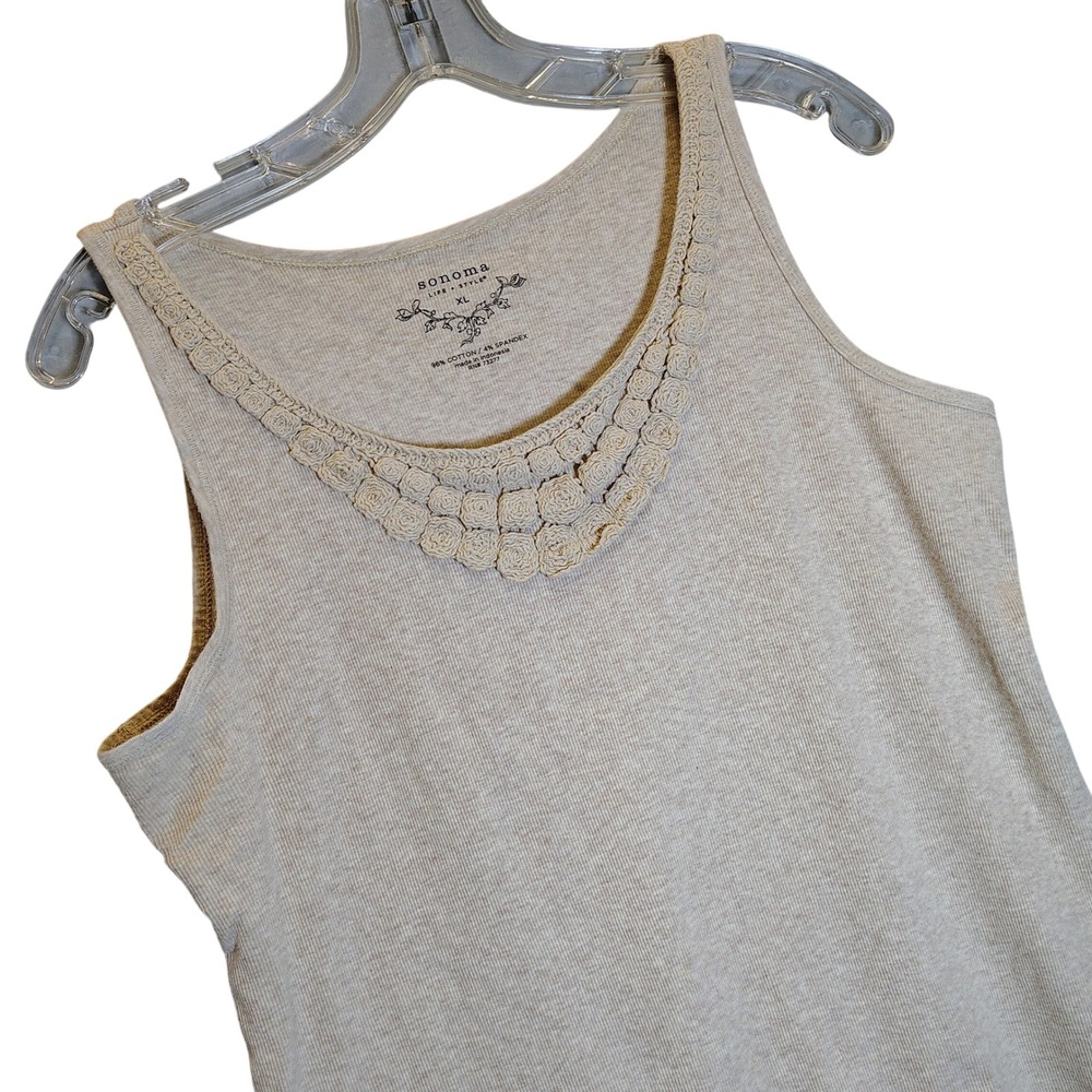 Sonoma Life + Style Womens XL Beige Ribbed Tank Top Rosette Crochet Trim Cotton